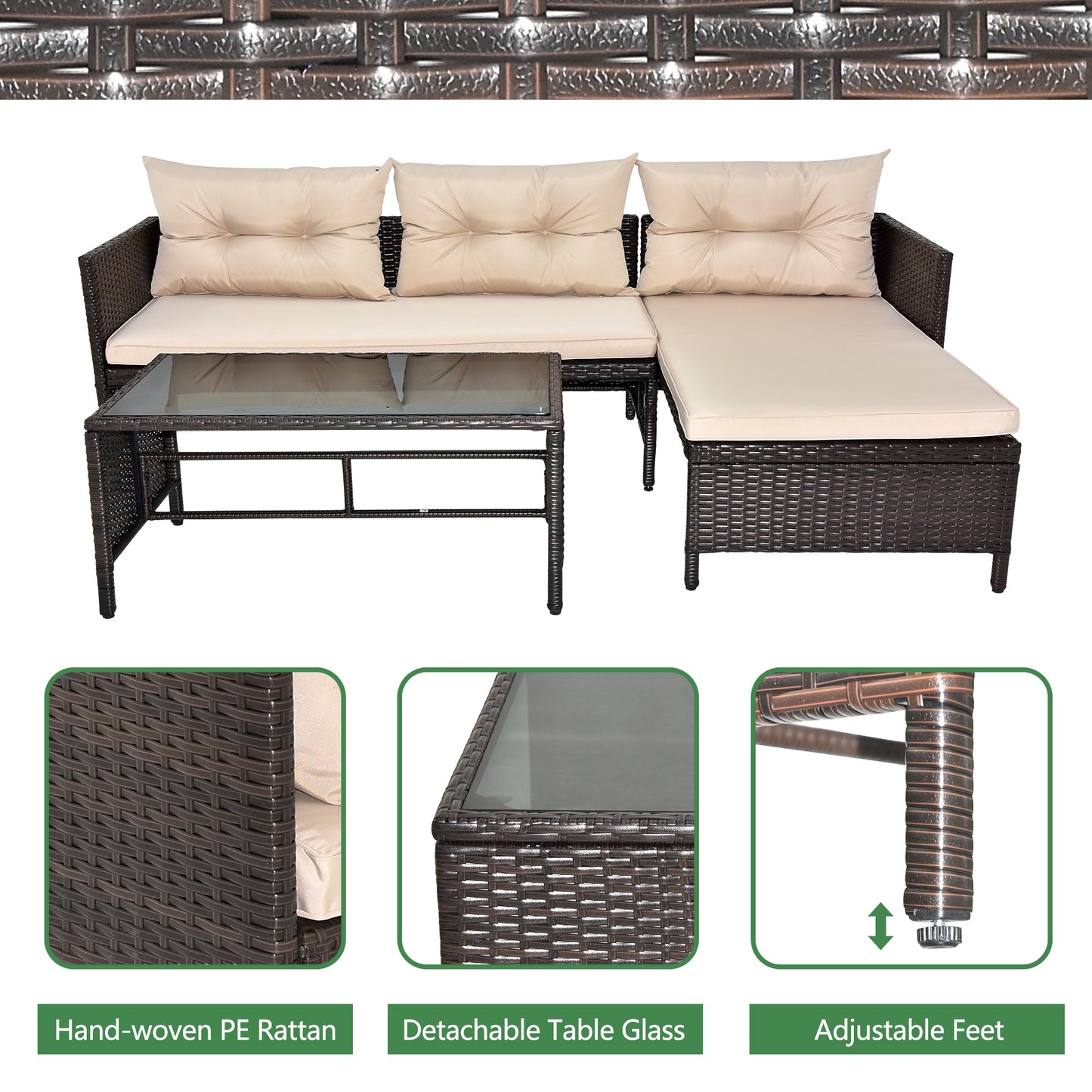 3 Piece Rattan Wicker Patio Sectional Set with Khaki Cushions