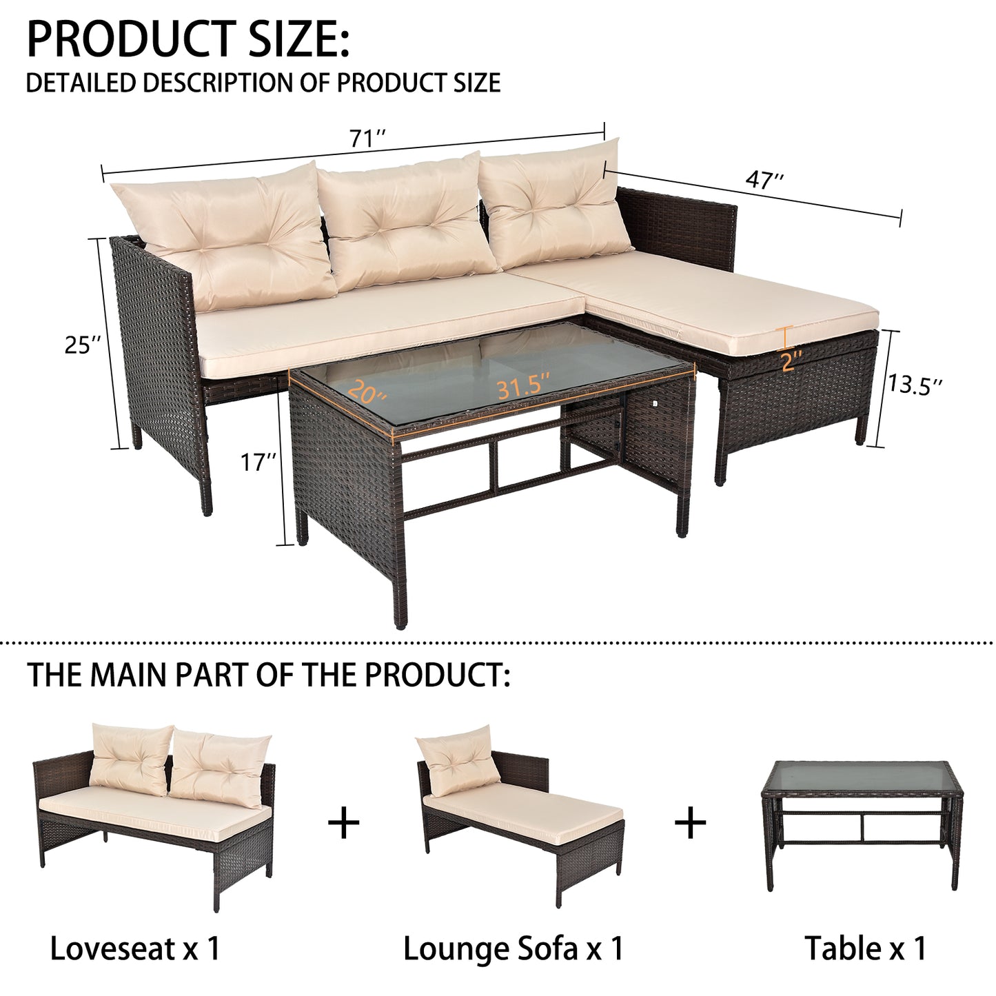 3 Piece Rattan Wicker Patio Sectional Set with Khaki Cushions