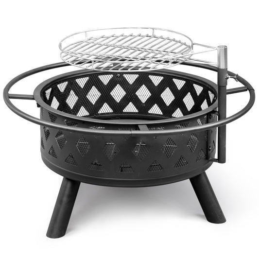 30in Black Outdoor Metal Fire Pit with Cooking Grates