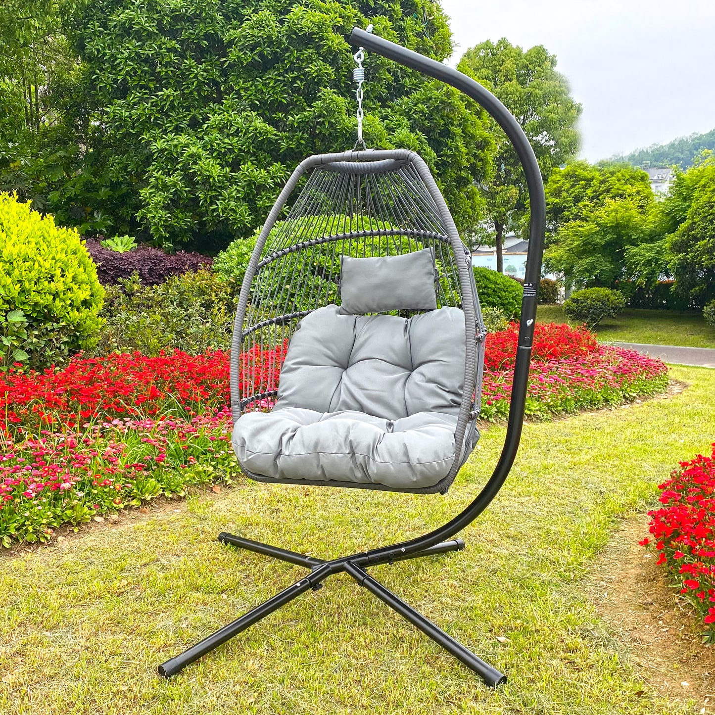 Outdoor Patio Rattan Hanging Egg Chair with Cushion and Pillow