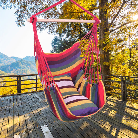 Pink Multi-Color Cotton Canvas Hanging Rope Chair with Pillows