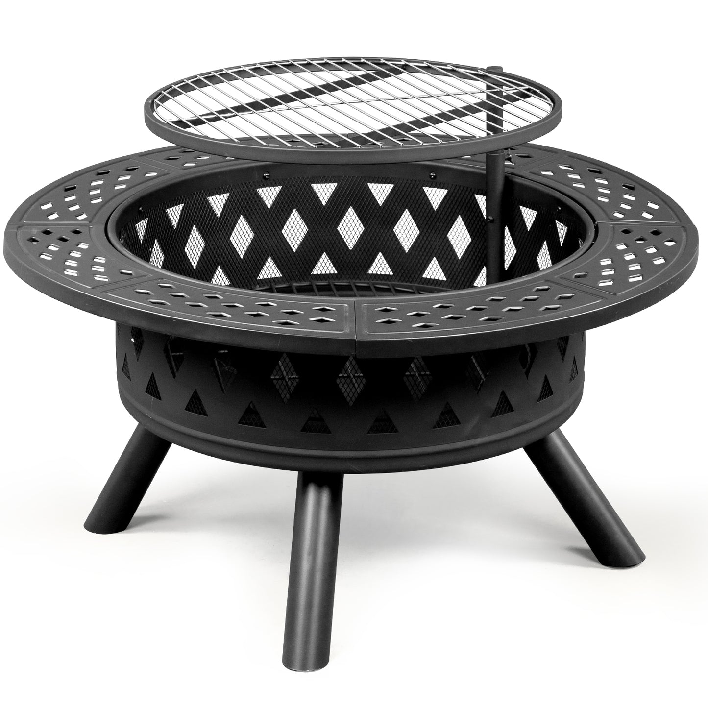 38in Black Metal Fire Pit with Cooking Grates