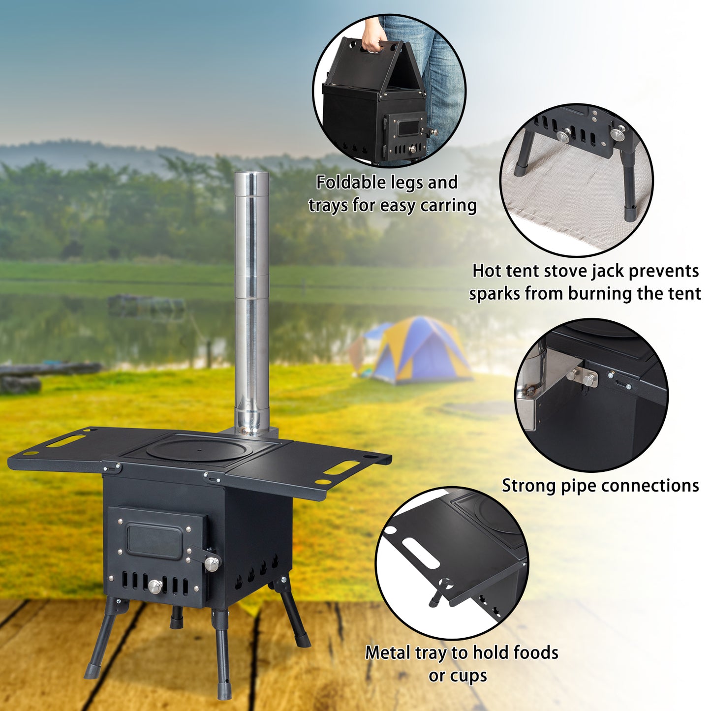 Portable Black Wood Burning Camping Stove and Accessories