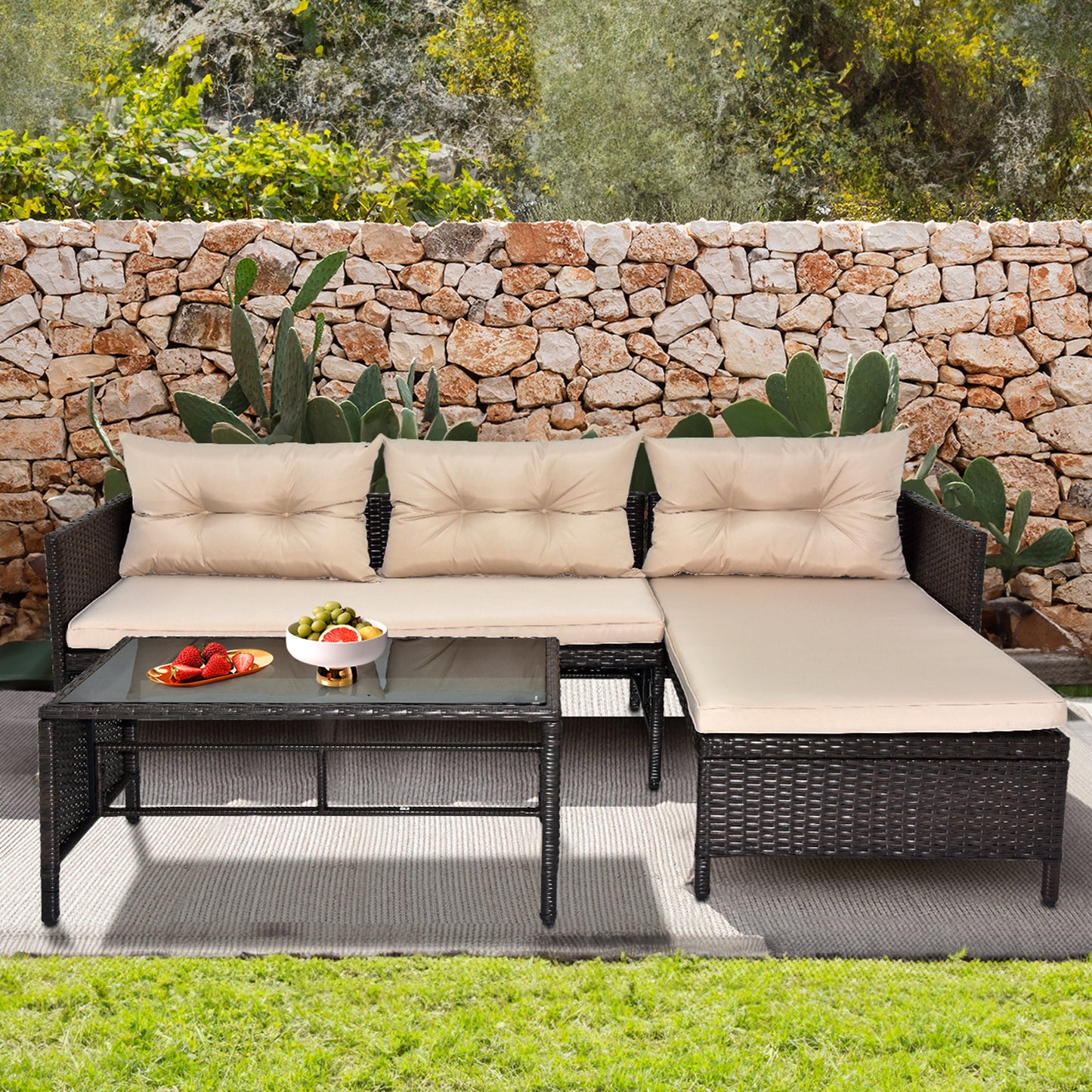 3 Piece Rattan Wicker Patio Sectional Set with Khaki Cushions