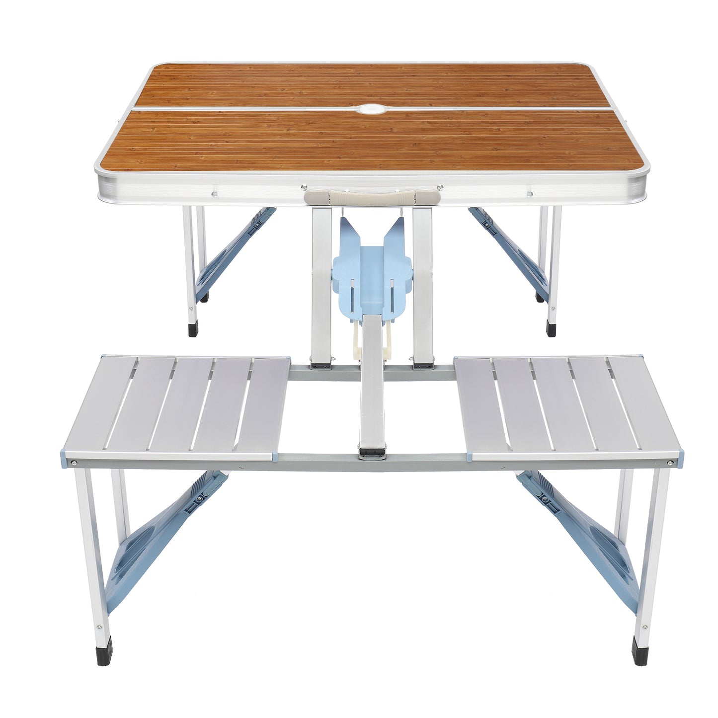 One Piece Aluminum and Wood Grain Table and Benches Outdoor Dining Set