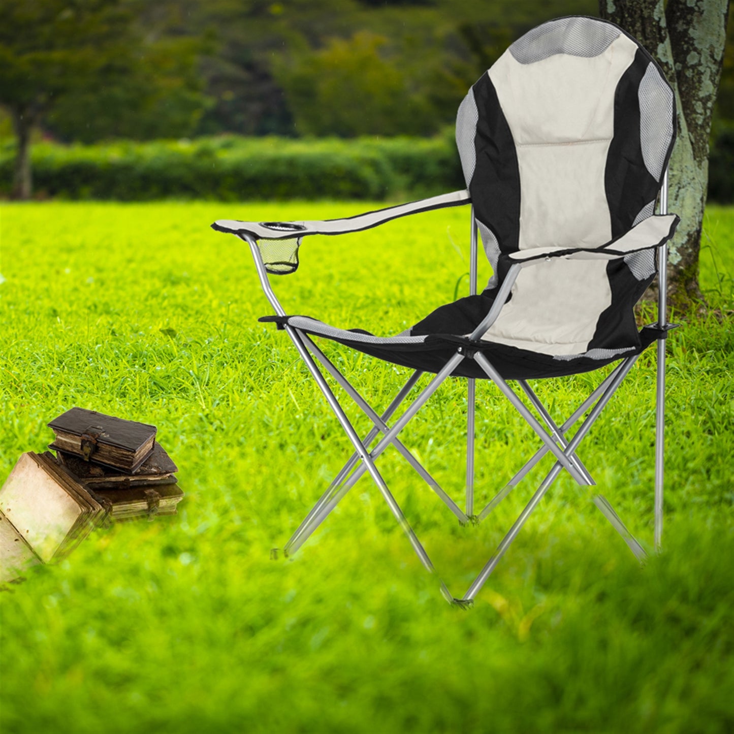 Lightweight Black and Gray Fabric Folding Chair with Iron Frame