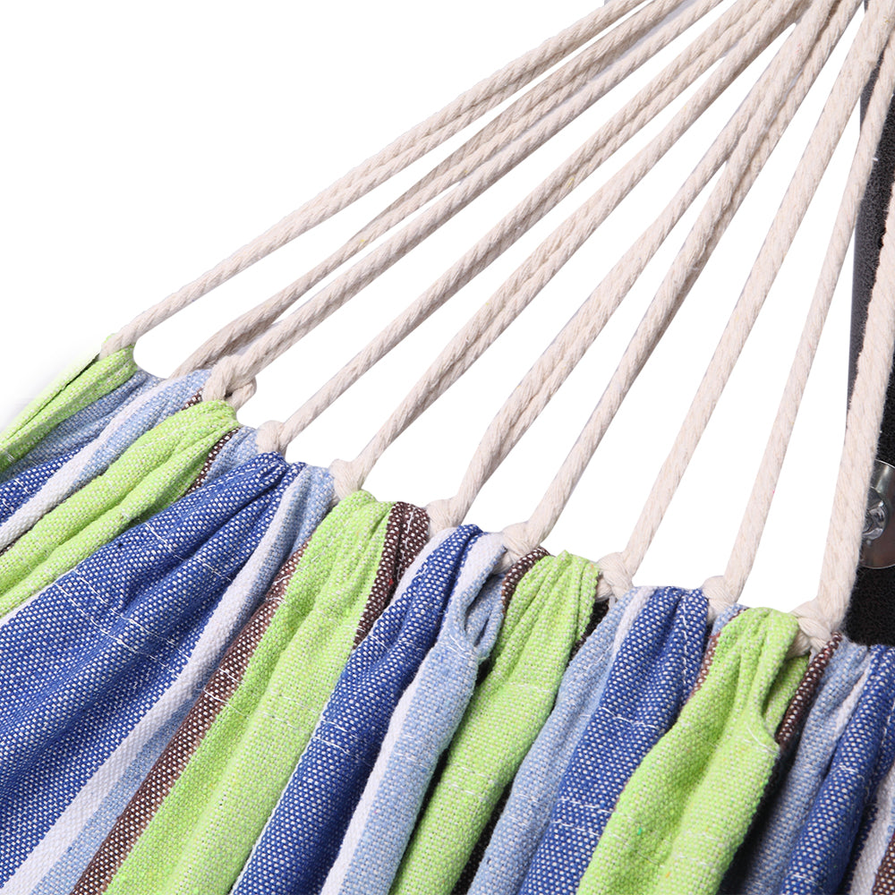 Green and Blue Stripe Canvas Hammock with Stand and Carrying Bag