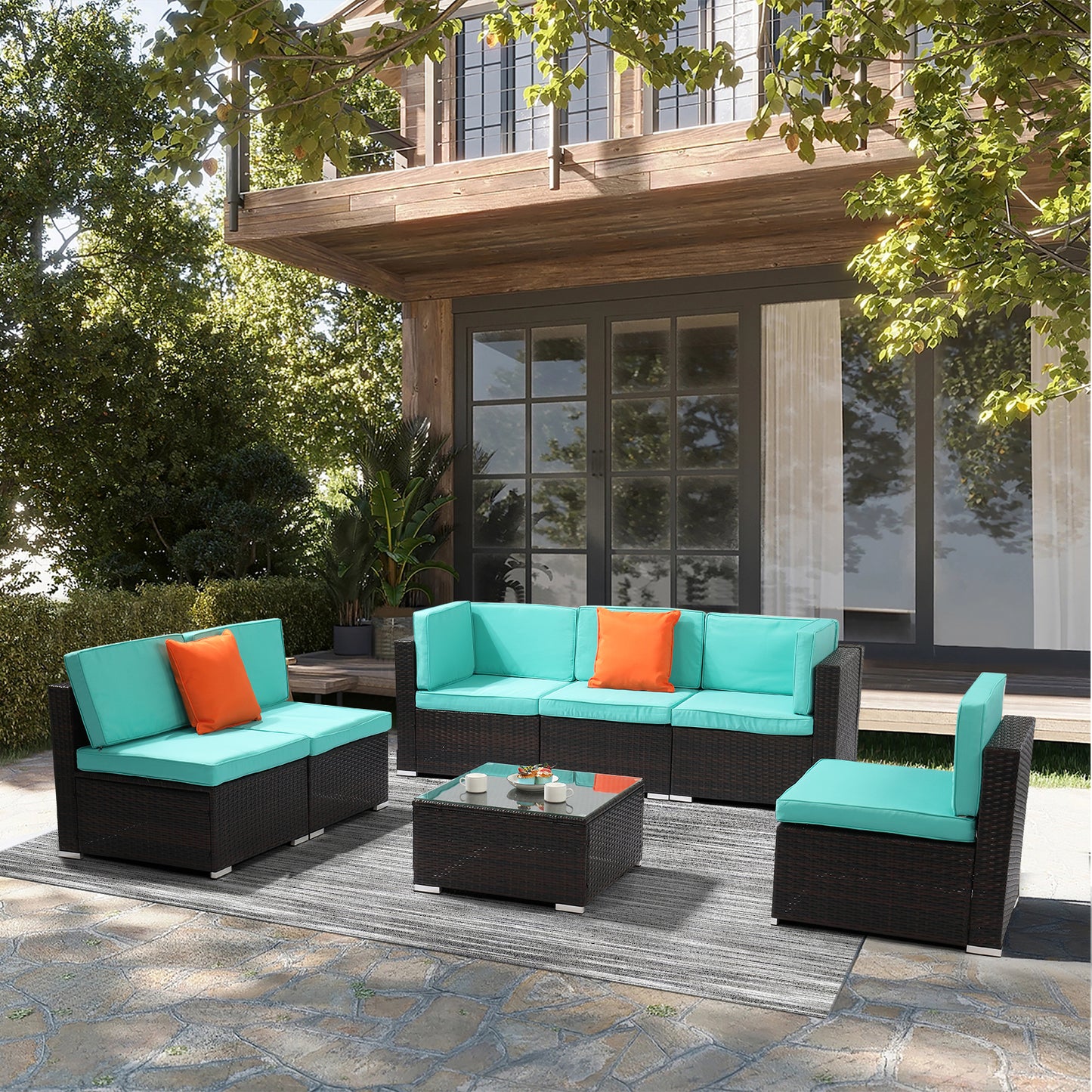 7 Piece Lake Blue Rattan Patio Sectional and Table Set