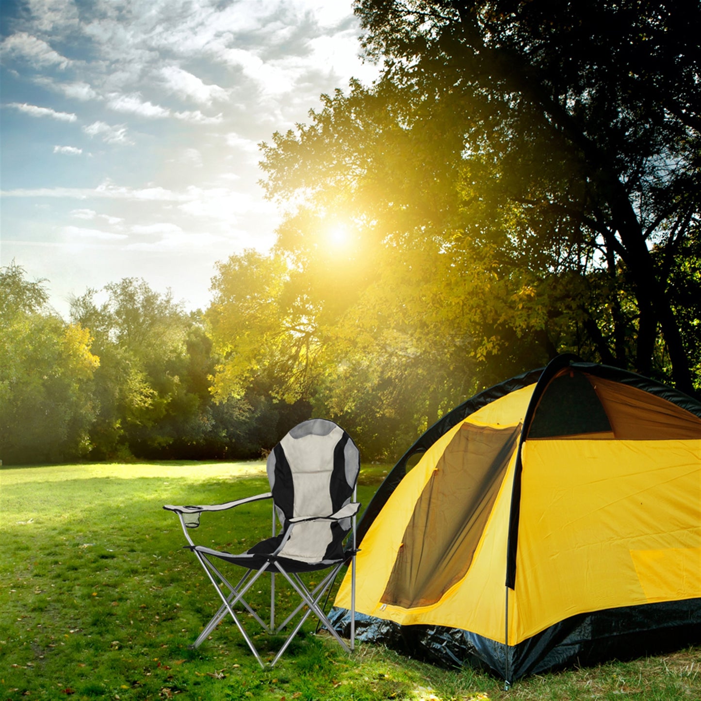 Lightweight Black and Gray Fabric Folding Chair with Iron Frame