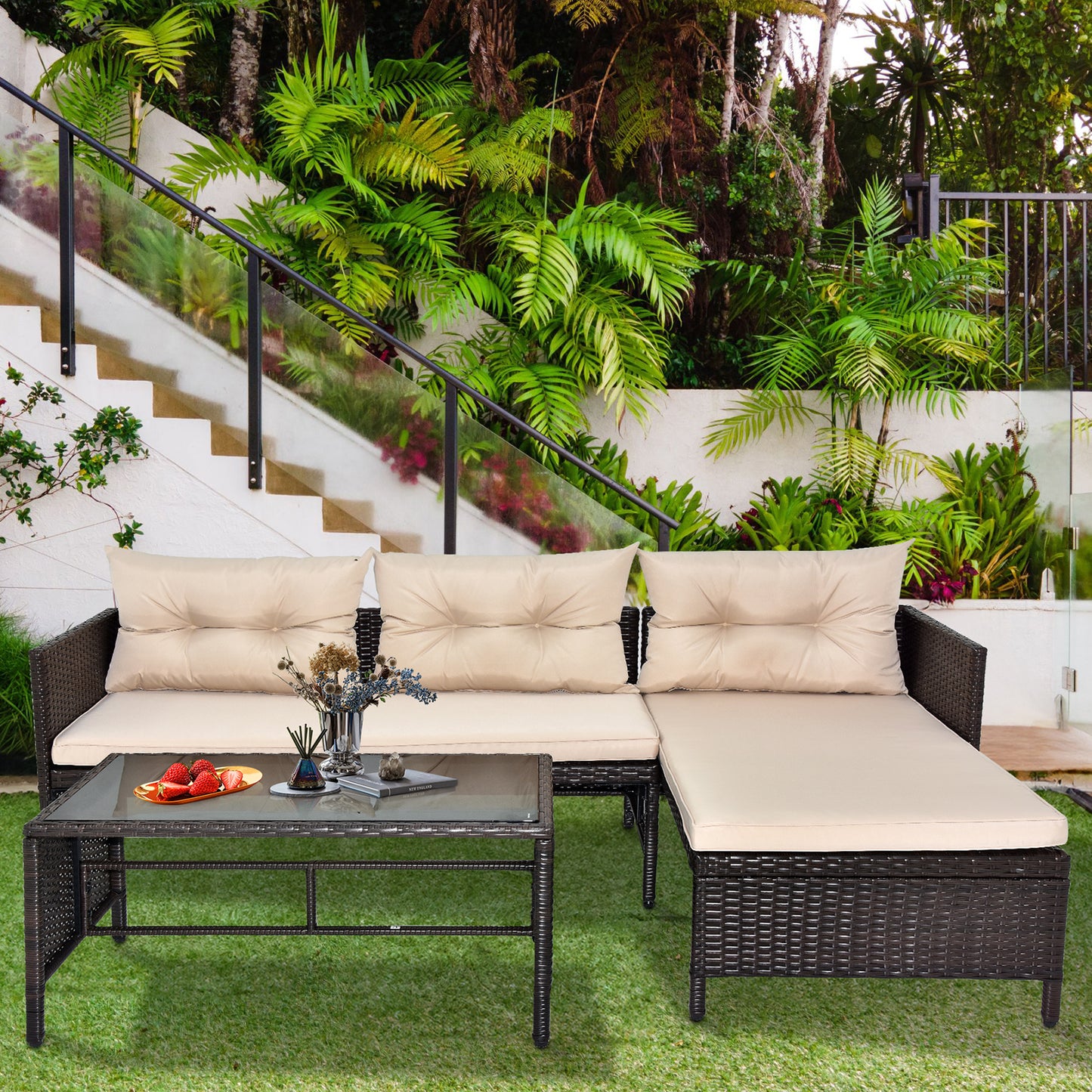 3 Piece Rattan Wicker Patio Sectional Set with Khaki Cushions