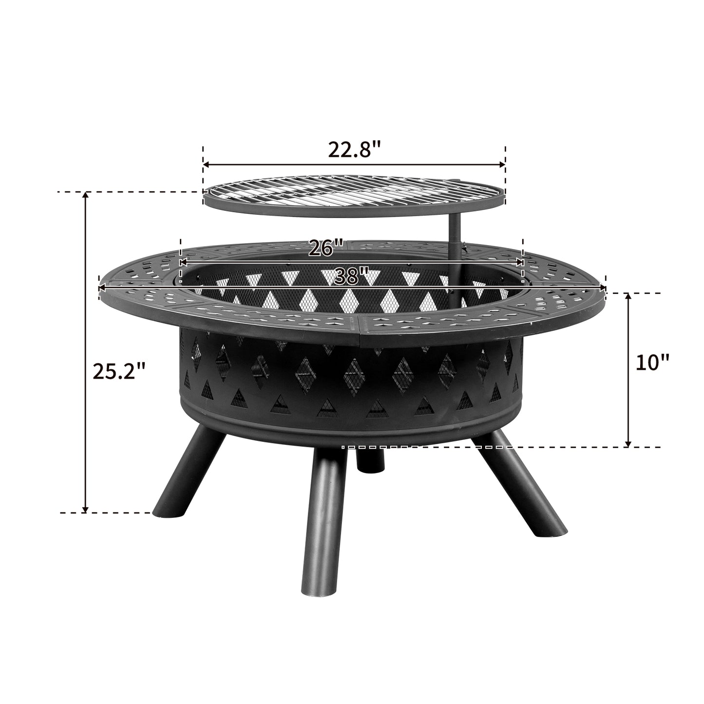 38in Black Metal Fire Pit with Cooking Grates